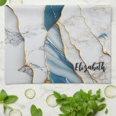 ホワイトクールターコイズマーブルストーン金ゴールド キッチンタオル (折り畳み)