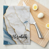 ホワイトクールターコイズマーブルストーン金ゴールド キッチンタオル (四つ折り)