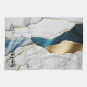 ホワイトクールターコイズマーブルストーン金ゴールド キッチンタオル (横)