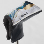 ホワイトクールターコイズマーブルストーン金ゴールド ゴルフヘッドカバー (3/4 正面)