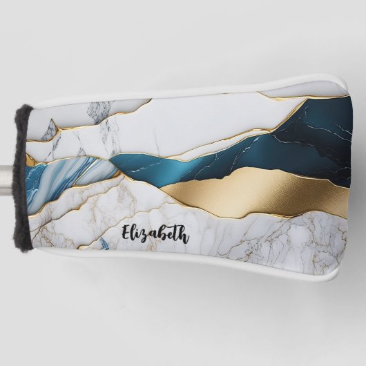 ホワイトクールターコイズマーブルストーン金ゴールド ゴルフヘッドカバー (正面)