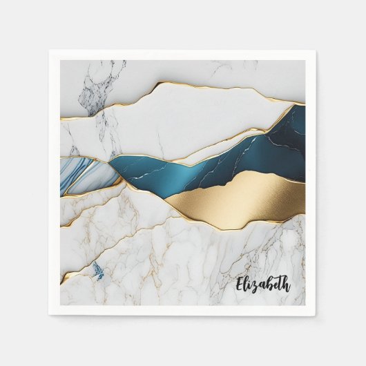ホワイトクールターコイズマーブルストーン金ゴールド スタンダードカクテルナプキン (正面)