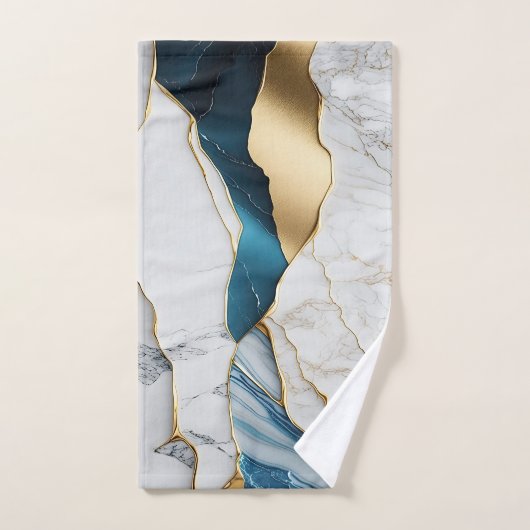 ホワイトクールターコイズマーブルストーン金ゴールド バスタオルセット (ハンドタオル)