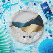 ホワイトクールターコイズマーブルストーン金ゴールド ペーパープレート (パーティー)