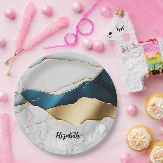 ホワイトクールターコイズマーブルストーン金ゴールド ペーパープレート (パーティー)