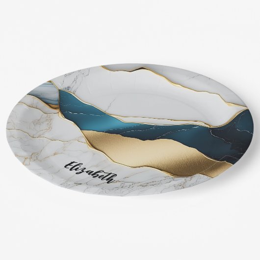 ホワイトクールターコイズマーブルストーン金ゴールド ペーパープレート (アングル)