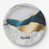 ホワイトクールターコイズマーブルストーン金ゴールド ペーパープレート (正面)