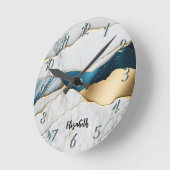 ホワイトクールターコイズマーブルストーン金ゴールド ラウンド壁時計 (傾斜)