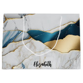 ホワイトクールターコイズマーブルストーン金ゴールド ラージペーパーバッグ (正面)