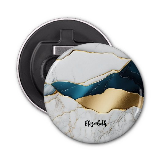 ホワイトクールターコイズマーブルストーン金ゴールド 栓抜き (正面)