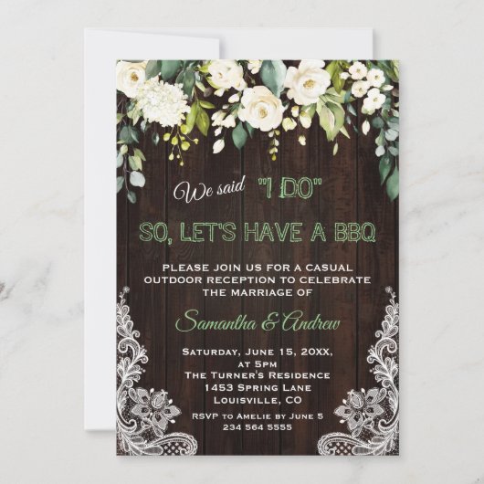 ホワイトク素朴リームフラワーレースI DO BBQ 招待状 (正面)