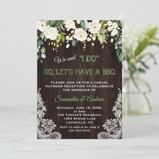 ホワイトク素朴リームフラワーレースI DO BBQ 招待状 (スタンド正面)