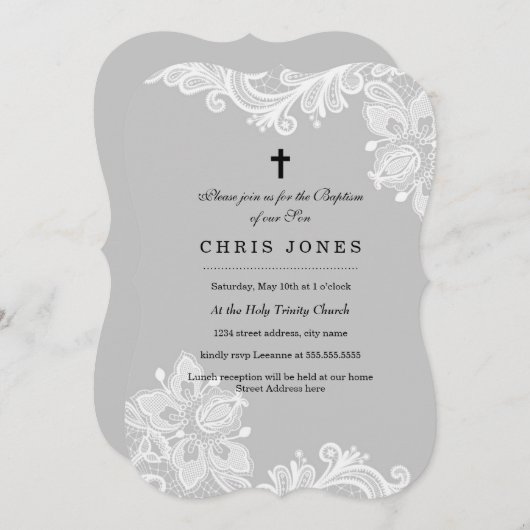 ホワイトグエレガントレースバプテスマ招待状 招待状 (正面/裏面)