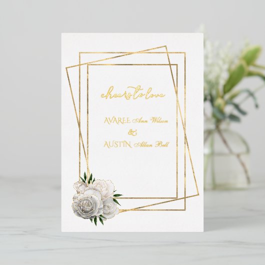 ホワイトグラムバラとホワイトと金ゴールド 箔招待状 (立ち正面)
