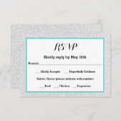 ホワイトグリッターとティール(緑がかった色)フレーム – RSVP応答カード 出欠カード (正面/裏面)