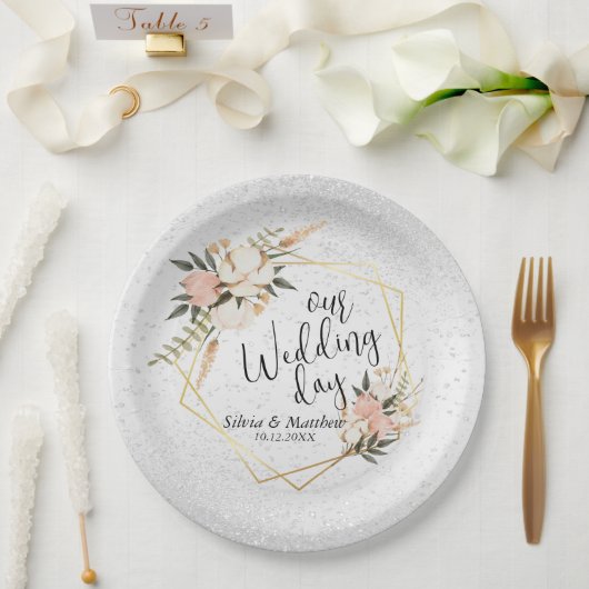 ホワイトグリッターとピーチウォーターのカラーフローラ ペーパープレート (ウェディング)