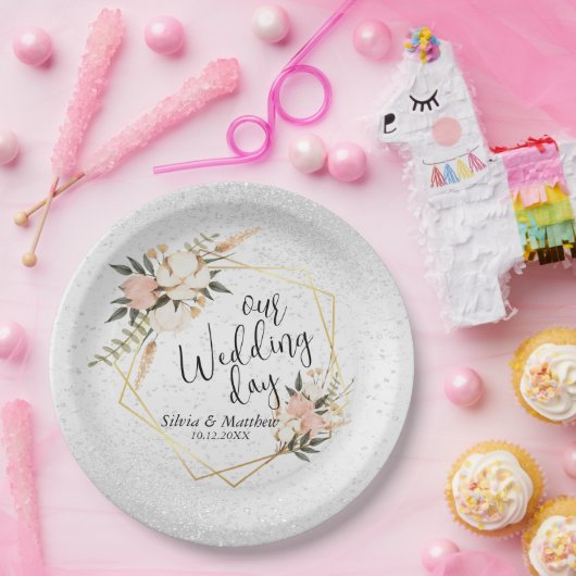 ホワイトグリッターとピーチウォーターのカラーフローラ ペーパープレート (パーティー)