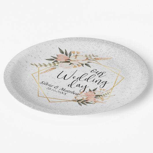 ホワイトグリッターとピーチウォーターのカラーフローラ ペーパープレート (アングル)