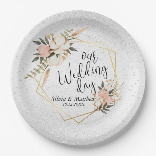 ホワイトグリッターとピーチウォーターのカラーフローラ ペーパープレート (正面)