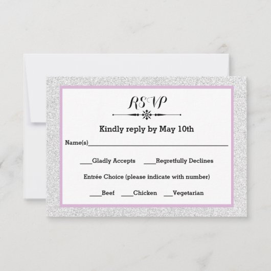 ホワイトグリッターと薄紫フレーム- RSVP応答カード 出欠カード (正面)