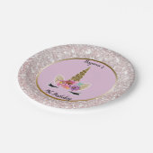 ホワイトグリッターグラムユニコーンピンクバースデーパーティー ペーパープレート (アングル)