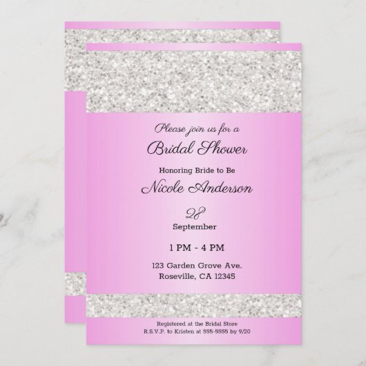 ホワイトグリッタースパークルピンクグラムブライダルシャワー 招待状 (正面/裏面)