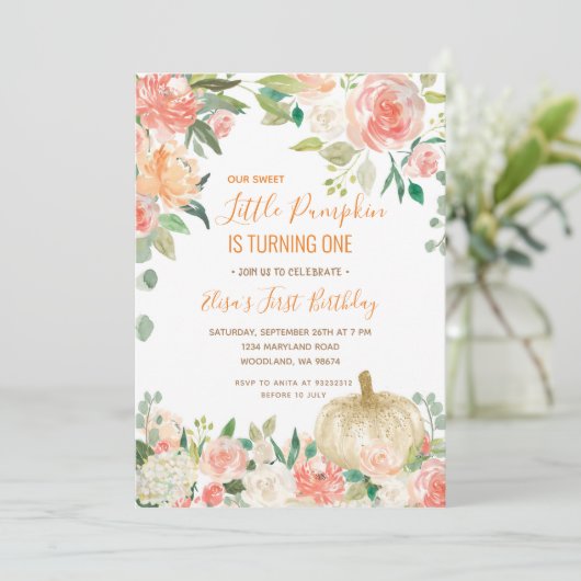 ホワイトグリッターパンプキンウィズフローラ誕生日 招待状 (スタンド正面)