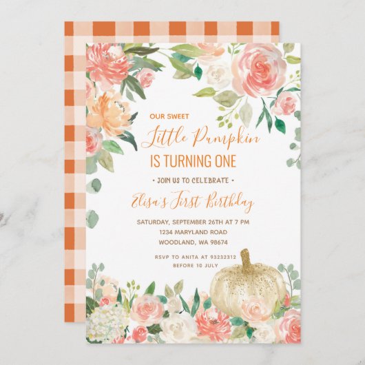 ホワイトグリッターパンプキンウィズフローラ誕生日  招待状 (正面/裏面)