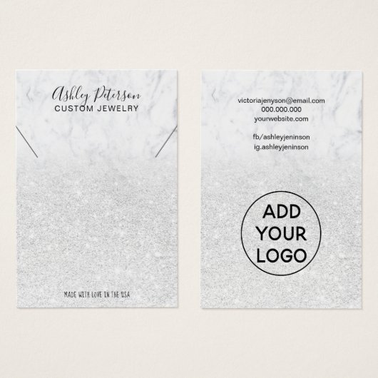 ホワイトグリッター大理石ロゴジュエリーネックレスディスプレイ (正面&裏面)