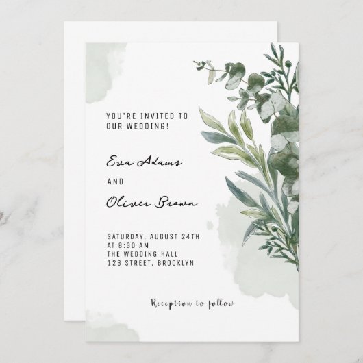 ホワイトグリーンウォーター色フローラ結婚式招待状 招待状 (正面/裏面)