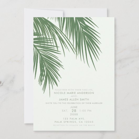 ホワイトグリーンエレガントトロピカル葉パーム結婚ズ 招待状 (正面)