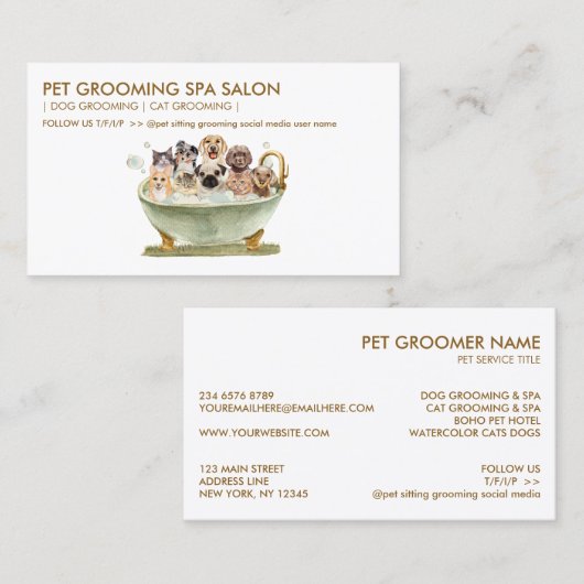 ホワイトグリーングルーミングペットバススパ猫犬 名刺 (正面/裏面)