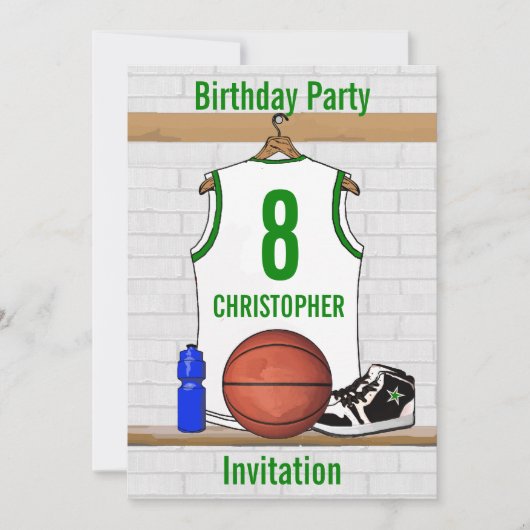 ホワイトグリーンバスケットボールジャージー誕生日パーティー 招待状 (正面)