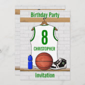 ホワイトグリーンバスケットボールジャージー誕生日パーティー 招待状 (正面/裏面)