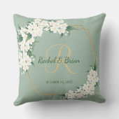 ホワイトグリーンフローラモノグラム結婚ズ記念スロー クッション (裏面)