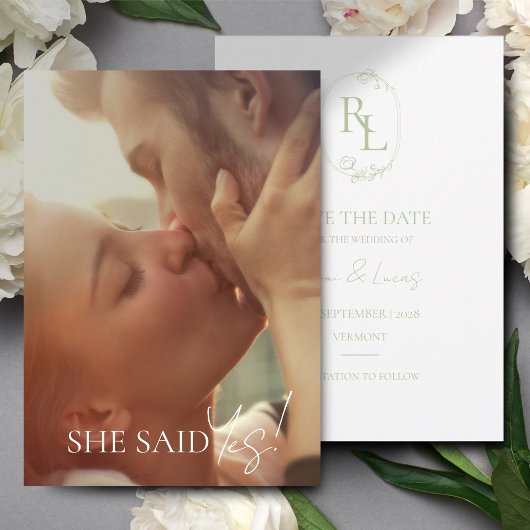 ホワイトグリーンフローラモノグラム結婚式の日付を保存 案内状