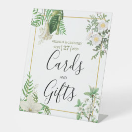 ホワイトグリーンフローラ金ゴールドウェディングカード&ギフト 台座サイン