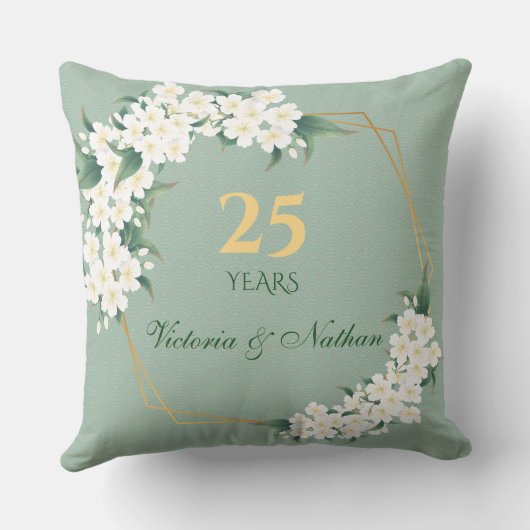 ホワイトグリーンフローラ金ゴールド結婚フレームの記念日 クッション (裏面)