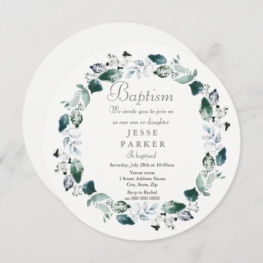 ホワイトグリーンリーフリースボーイガールバプテスマ招待状 招待状 (正面/裏面)