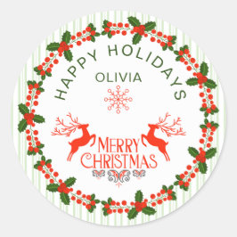 ホワイトグリーンレッドレタリングホリデーデコールクリスマス ラウンドシール