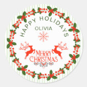 ホワイトグリーンレッドレタリングホリデーデコールクリスマス ラウンドシール (正面)