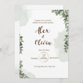 ホワイトグリーン水色フローラ結婚ズ 招待状 (正面/裏面)