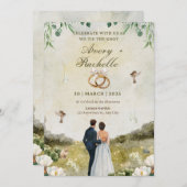 ホワイトグリーン結婚フローラお祝い 招待状 (正面/裏面)