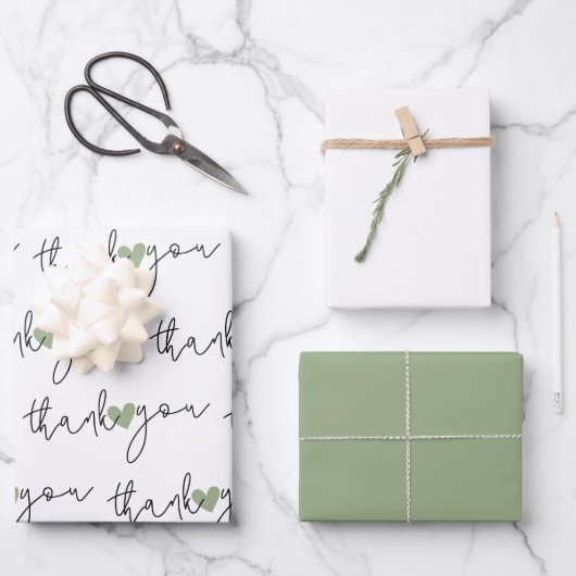 ホワイトグリーン ハート サンクス 3セット ラッピングペーパー ラッピングペーパーシート (正面)