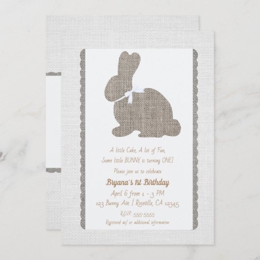 ホワイトグレイ素朴バーラップバニーイースター1日 招待状 (正面/裏面)