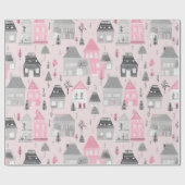 ホワイトグレークリスマスハウスオンピンク ラッピングペーパー (フラット)