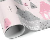 ホワイトグレークリスマスハウスオンピンク ラッピングペーパー (ロールコーナー)