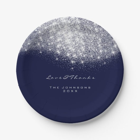 ホワイトグレーグリッター誕生日ブルーネイビー16th 結婚s ペーパープレート (正面)