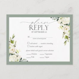 ホワイトグレーグリーンウォーター色フローラ結婚式RSVPイン インビテーションポストカード