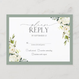 ホワイトグレーグリーンウォーター色フローラ結婚式RSVP インビテーションポストカード